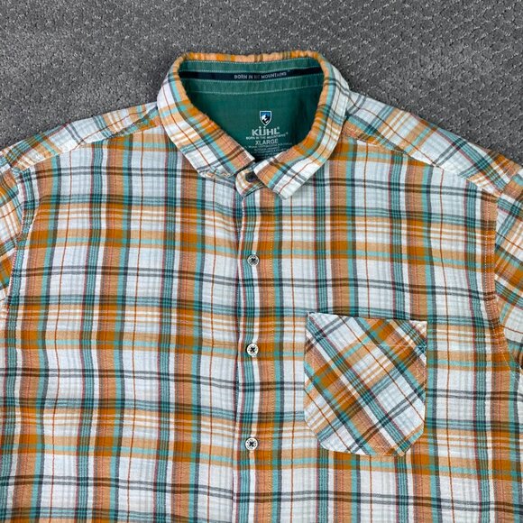 Kuhl Shirt Button Up Organic Cotton Men's XL fits like Large Orange Plaid Hiking - Picture 2 of 10
